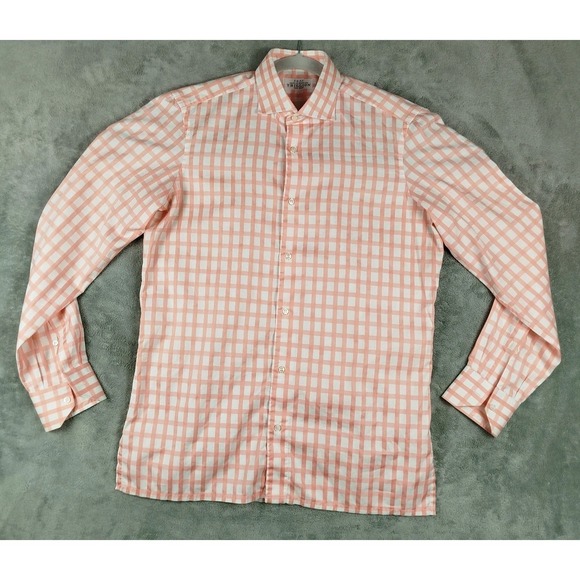 Fray Trillion Palm Beach Peach White Check Plaid Button Shirt Mens 2 Italy Made